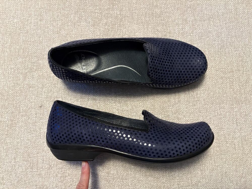 Dansko Olivia Loafer Navy Blue Suede Leather Polka Dot Comfort Shoe US 9.5-10